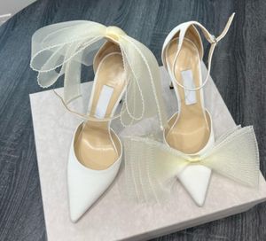 2023 Women White wedding sandal dress shoes AVERLY 100mm mesh-bow trimmed pump pink satin pointy toe ankle strap Luxury lady party wedding high heels with box 35-43