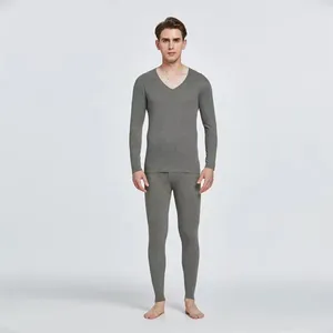 Herr termiska underkläder män toppar byxor sätter dubbelsidig mocka v-ringning smal passform lång ärm högt för komfort