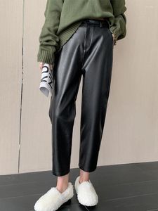 Kvinnors byxor svart faux läder pu kvinnor 2023 höst och vinter hög elastisk midja fotlängd byxor elegant casual harem