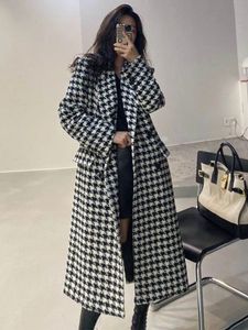 Women's Wool Blends Houndstooth Coat Women Vintage Faux Wool Overcoat Female Autumn Winter Thick Warm Jacket Ladies Korean Fashion Long Blend Coats 231013