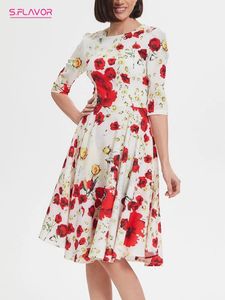 Urban Seksowne sukienki s.-smakowe eleganckie kwiatowe nadruk damskie sukienki o Neck 34 rękawie A-line robocze midi vestidos de 231012