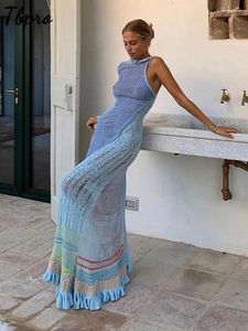 Casual Dresses Backless Crochet Knitted Maxi Dress Women Hollow Out Woven Floor Length Slim Perspective Long 2023 Autumn Banquet Party