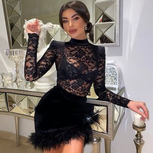 Lace Print See Through Sexy Mini Dress Women Autumn Winter New Half High Collar Sheer Long Sleeve Bodycon Party Dress