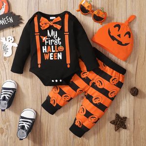 Conjuntos de roupas LAPA 012m Outono Halloween Bebês Terno Nascido Bebê Meninos BodysuitPantsHat 3 Pcs Set Menino Engraçado Abóbora Impresso Traje 231013