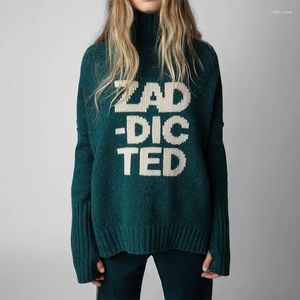 Suéteres femininos Zadig Green Knitwear Sweater Mulheres Carta Clássica Lã Jumpers Casual Solto Turtleneck Manga Longa Inverno Tops Feminino