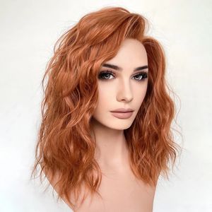 360 Color Copper Brown Water Wavy Short Bob Synthetic Transparent Lace Wigs for Women Glueless Lolita Daily Wear Synthetic Wigs