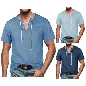 Homens camisetas Mens Tees Algodão elegante e confortável V Neck Lace Up Tassel Denim Shirt Top Long Men Tee