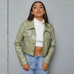 Damen Lederjacken Herbst Avocado Grün PU Mantel Oberbekleidung Revers Motorrad Windjacke Anzug Frauen Street Trend Kleidung