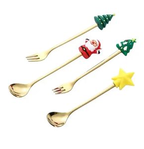 Karikatür sevimli Noel kaşığı paslanmaz çelik çatal ve tatlı kaşık Noel partisi çatal bıçak takımı dekorasyon hediyesi