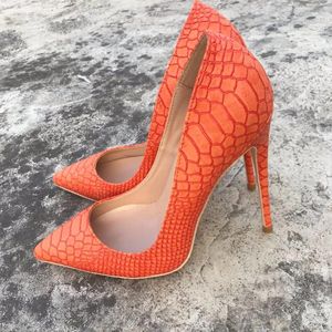 Dress Shoes Design Women 12CM Heel Leather Orange Snakeskin Pointed Toe High Stilettos Snake Plus Size 45