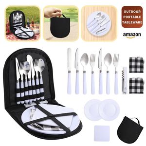 Set di stoviglie Set di stoviglie per esterni Coltelli portatili in acciaio inossidabile Forchette Cucchiai Piatti Campeggio Picnic Viaggio Argenteria Posate Organizzatore