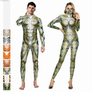 Tema kostym kvinnor män jumpsuits giraffe serpentine tiger sexig cosplay come animal print par bodysuit leopard formewear romper outfits t231013