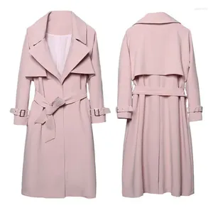 Casacos de trincheira femininos rosa blusão comprimento médio coreano primavera outono fino ajuste cintura casaco relaxado e longo