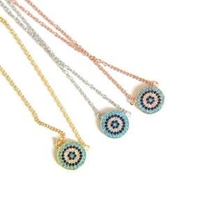 100% 925 sterling silver classic necklace round disk micro pave colorful cz turquoise evil eye charm lucky girl gift chain289e