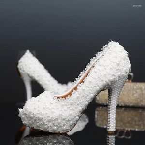Sapatos de vestido Sexy de salto alto formal Peep Toe Mulheres Bombas Plataforma Linda Pérola Lace Branco Casamento Tamanho 34-39