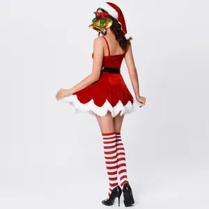 Sıradan elbiseler Noel 3 adet Set Set Kadın Kırmızı Mini Elbise Kemer Şapkalı Kabarık Ponponlar Retro Santa Festival Tarzı Tatil Takım