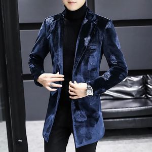 Men's Wool Blends Royal Blue Print Velvet Warm Coat Designer Men Winter Jacket Trendy Slim Fit Long And For 231012