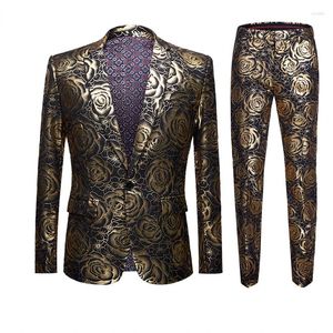 Men's Suits Gold Rose Print Tuxedo With Pants For Men 2023 Brand One Button Party Wedding Prom Costume Homme