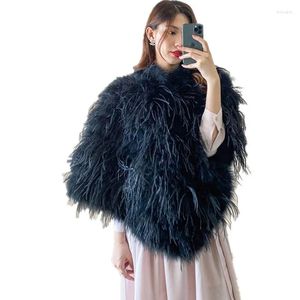 Schals Echtes Straußenleder Pelz Cape Eleganter Kragen Poncho Herbst Winter Frauen Schwarz Flauschiger Pullover Schal C206