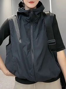 Jaquetas femininas casual com capuz preto colete elegante solto sem mangas com zíper coletes feminino coreano moda cordão bolsos finos casacos 231012