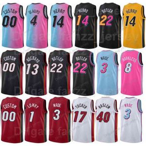 Wydrukowana ekran Basketball Jimmy Butler Jerseys 22 Dwyane Wade 3 Tyler Herro 14 Bam ADO 13 Kyle Lowry 1 Victor Oladipo 4 Czarnoczerwony biały różowy różowy żółty mężczyźni Kids Kids