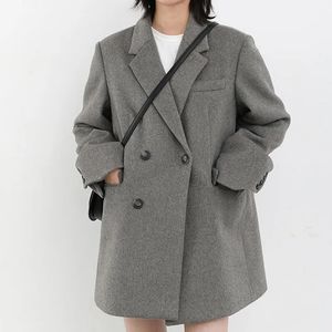 Women's Wool Blends Women Woolen Blends Suit Coat Korean Solid Autumn Winter Blazer Thick Warm Oversize Office Lady Loose Pocket Casual Long Jacket 231013