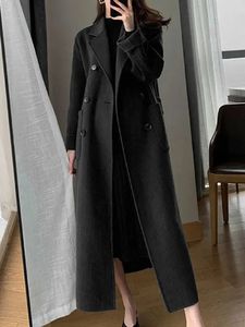 Women's Wool Blends Zoki Fashion Long Wool Coat Women Elegant Faux Wool Casual Belt Long Jacket Winter Office Lady Double Breasted Simple Outwear 231013