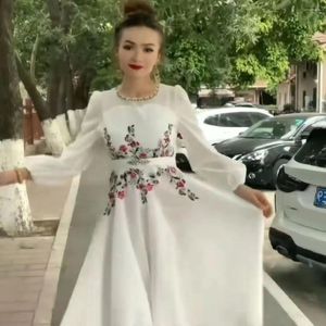 Casual Dresses 2023 Women's Diamond Round Neck Exquisite Embroidery Waist Fit Bubble Sleeve Belt A-line Large Swing Long Dress