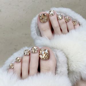 False Nails Summer Gold Full Diamond Feet Press On Fake Glitter Toe Nail Stickers Cover Tips Foot 231013