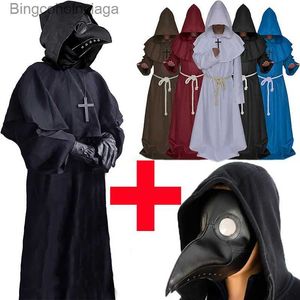 Theme Costume New Halloween Medieval Hooded Robe Plague Doctor Come Hat for Men Monk Cosplay Steampunk Priest Horror Wizard Cloak CapeL231013