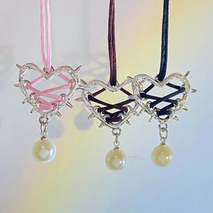 Pendant Necklaces Harajuku Korean Version Sweet Cool Thron Wrapped Ribbon Pearl Necklace For Women Ins Light Luxury Heart Trendy Punk