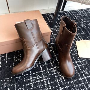 Najwyższej jakości Cowskin Vintage Brown Chunky Obcase Botts Slip na środkowej pięcie botki modowe luksusowe designerskie buty kobiety