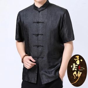 Men's Casual Shirts Mulberry Silk Set Standing Collar Short Sleeved Shirt Satin Style Lapel Real Clothing