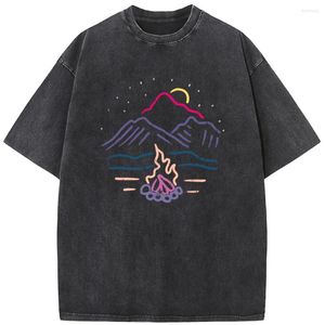 Men's T Shirts Outdoor Camping Campfire Unisex Washed T-Shirt Summer Loose Bleached Tshirt Cotton 230g O-Neck Casual Short Sleeve Bleach