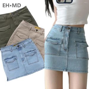 Skirts Front Back Pocket Denim Skirt Women's Jeans Straight Hip Slim Fit Miniskirt Elastic Zipper Solid High Street Luxury Style Patch