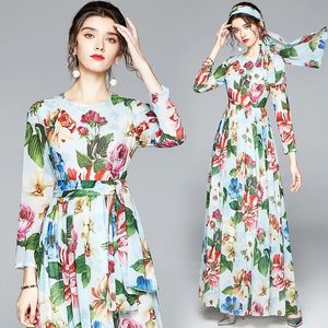 Urban Sexy Dresses Spring Summer Fall Autumn Runway Floral Print Crew Neck Bow Scarf Long Sleeve Women Party Casual Beach A-Line Maxi Dress 231012