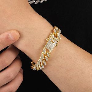 12mm Miami Cuban Link Chain Armband Iced Out Bling Water Diamond Mens Rhinestone Hip Hop Jewelry Rose Gold Silver Women Fashion 242Z