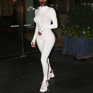 White Sexy Bodycon Jumpsuit Romper Black Long Sleeve Bodysuit Women Zipper Turtleneck Jumpsuits Elegant Full Length Polyester251A