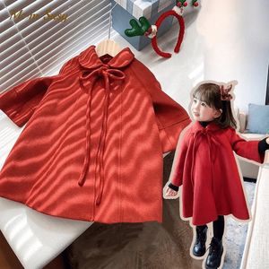 Płaszcz dziewczynka księżniczka świąteczna wełniana kurtka ciepłe dziecko lapel tweed czerwony płaszcz wiosna jesienna zima ubrania 110Y 231013