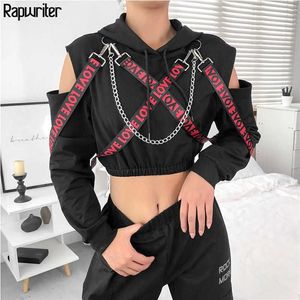 Rapwriter Casual Metal Chain Patchwork Letter Ribbon Long Sleeve Hoodies Women Fall Winter Black Harajuku Pullover Crop Top T20040199i