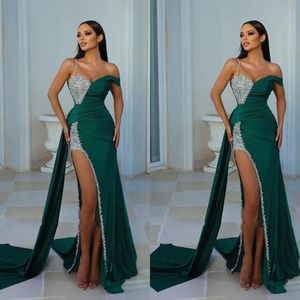 Robes de soirée Robe de soirée de bal vert foncé sirène fermeture éclair à lacets grande taille personnalisé nouvelles fentes aux cuisses chérie cristal sans manches perles paillettes élastique satin