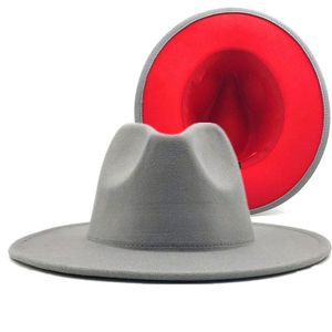 gray red Patchwork Wool Felt Jazz Fedora Hat Women Unisex Wide Brim Panama Party Trilby Cowboy Cap Men Gentleman Wedding Hat XL CX259z