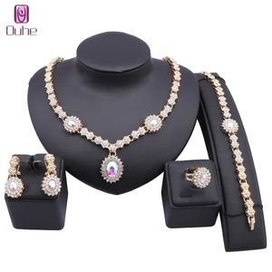 Set di gioielli da donna in cristallo color oro con zirconi, orecchini, bracciale, anelli, accessori per matrimoni, regali