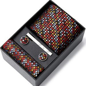 Neck Ties Set Gift Box for Men Business 7.5cm Plaid Paisley Polyester Necktie Pocket Square Clip Cufflinks Handkerchief 6pcs Gifts 231013