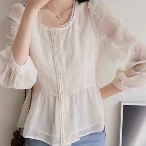 Women's Blouses Korean Autumn In Bright Silk Embroidery Lace Sweet Shirt Woman Three Quarter Sleeve Beautiful Blouse Top