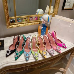 Amina Muaddi sandali da donna suola in cuoio firmati tacchi alti 10 cm nero rosa catena di diamanti decorazione banchetto scarpe da donna scarpe da sposa in seta sexy pantofole formali con scatola