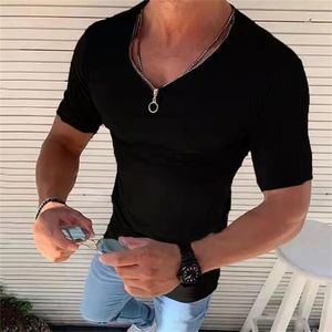 Men's T Shirts Fashion Men V Neck Zipper Mens Clothing Streetwear Tshirt Casual Solid Slim Fit Short Sleeve Tops Breathable