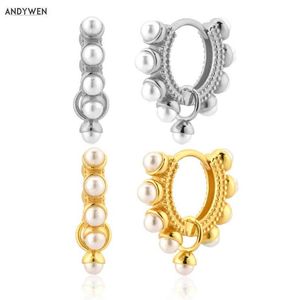Andywen 925 Sterling Silver Pearl Hoops Piercing Round Small Circle Earing Rock Punk Luxury Pendiente Jewelry 210608200V