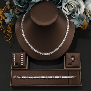 Necklace Earrings Set Fashion Round Cubic Zircon 5.0 Stone Classic Earring Bracelet Ring Wedding For Women Bridal Party Jewelry
