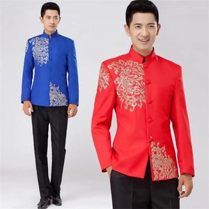 Ternos masculinos branco preto vermelho azul bordado masculino túnica chinesa conjunto fino com calças masculino casamento noivo vestido formal traje